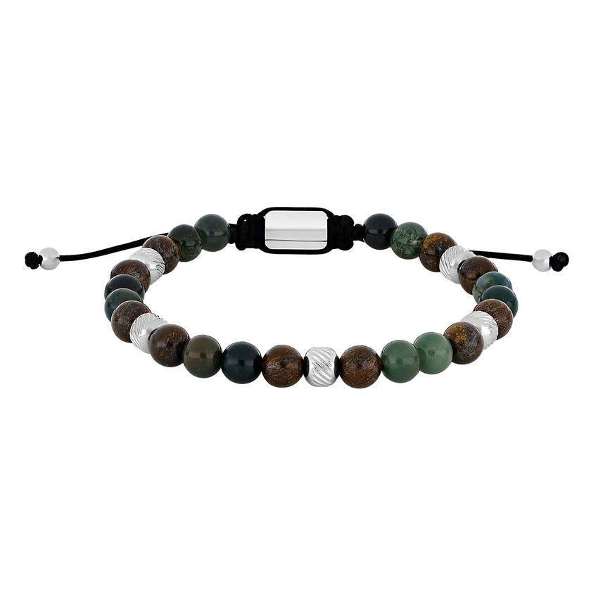 Son of Noa herrearmbånd fra Nordahl Andersen med grønne moss agate, brune ilmenite bronzitite og stålperler, justerbart 19–25 cm.